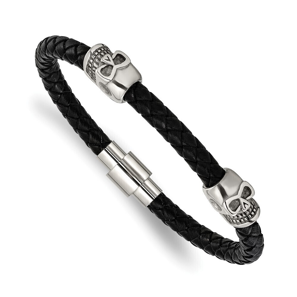 Kazi Luxury Steel Polished Skull Beads on Black Leather 8.75in Bracelet